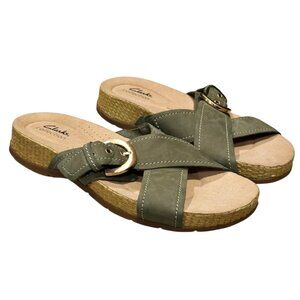 Clarks Womens Reileigh May Sandals Leather Slip On Slides Size 9M Olive Green